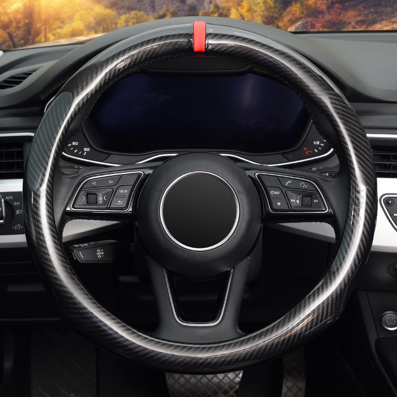 ZHOL Carbon Fiber Steering Wheel Cover, Universal Standard Size 14.5-15 inch Fashion Sport Auto Car Steering Wheel Accessories for Men, Black - Image 2